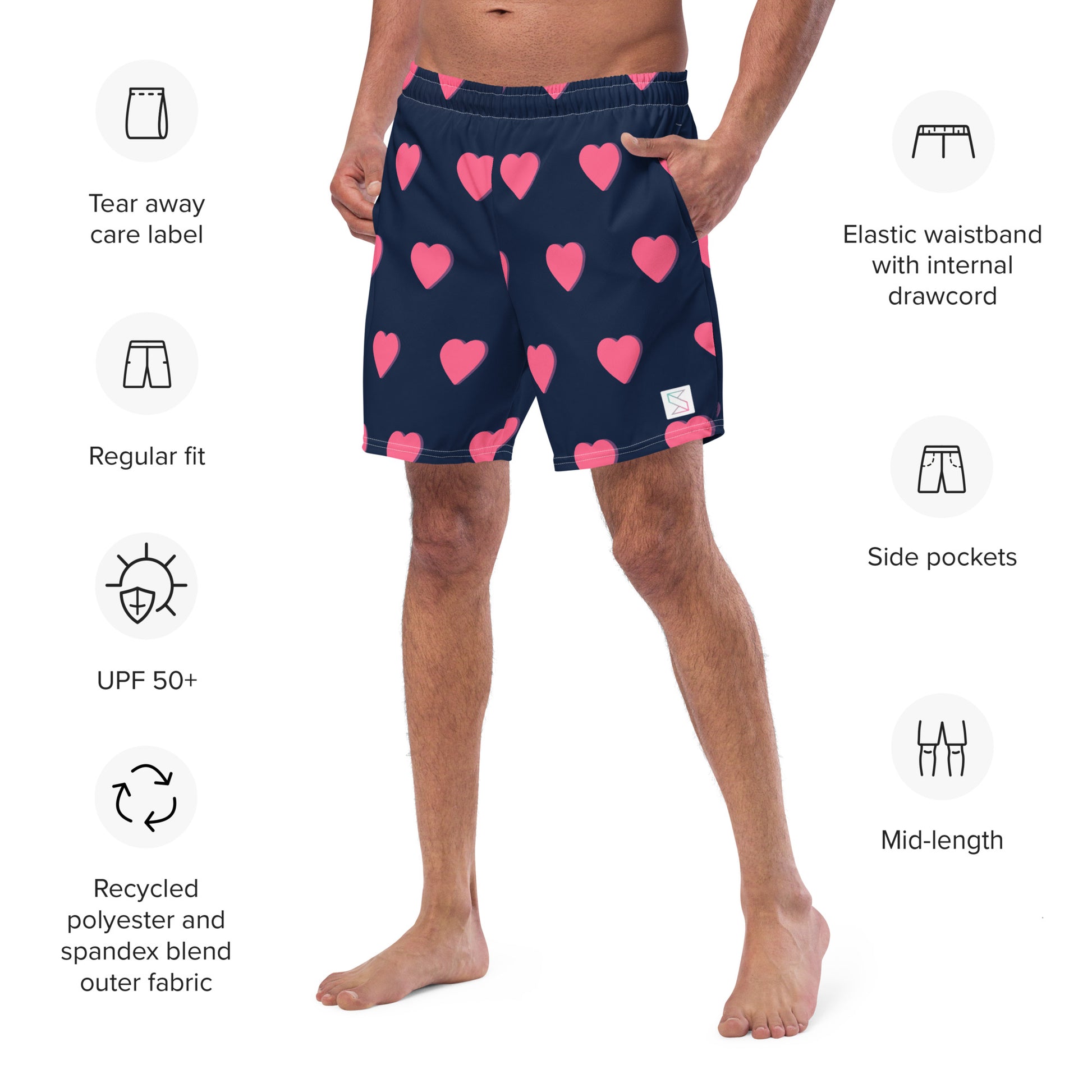 All the love trunks on male model with an angled front view showing features