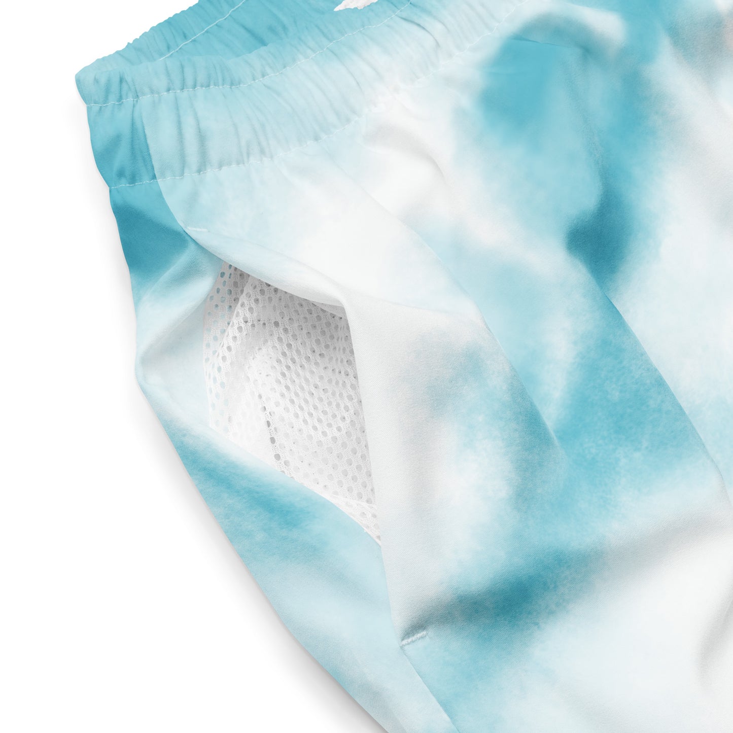 Blue tie dye mens trunks trunks focused view on mesh side pocket