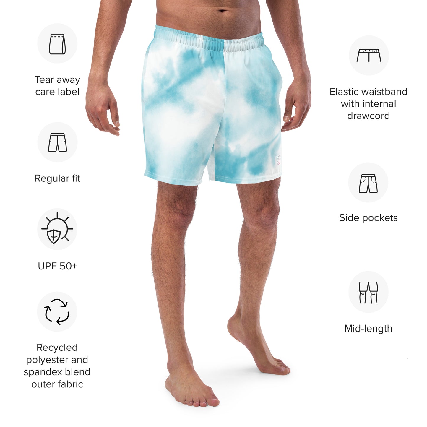 Blue tie dye mens trunks trunks on male model with an angled front view showing features