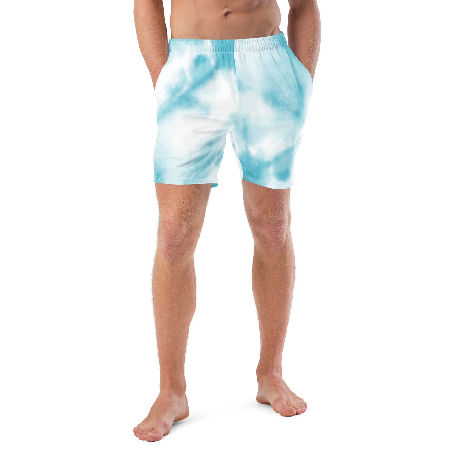 Blue tie dye mens trunks trunks on male model with a front view