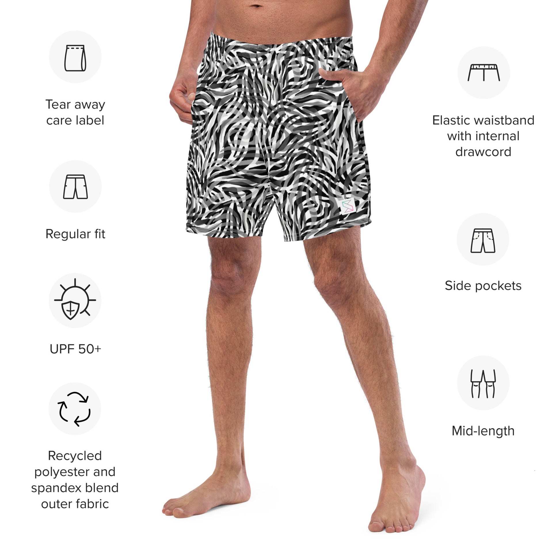 Bw jungle trunks on male model with an angled front view showing features