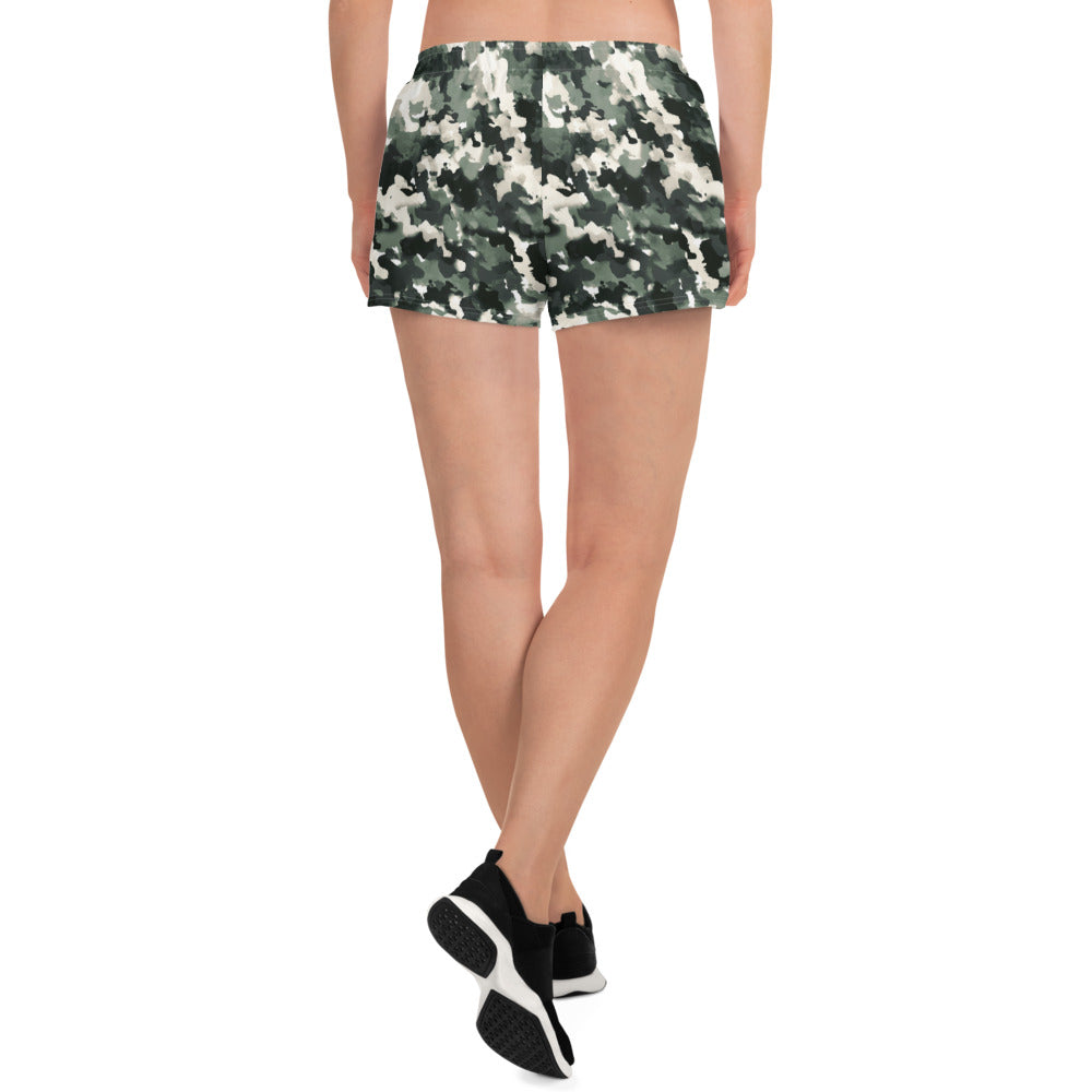 Camo womens shorts trunks on female model with a back view