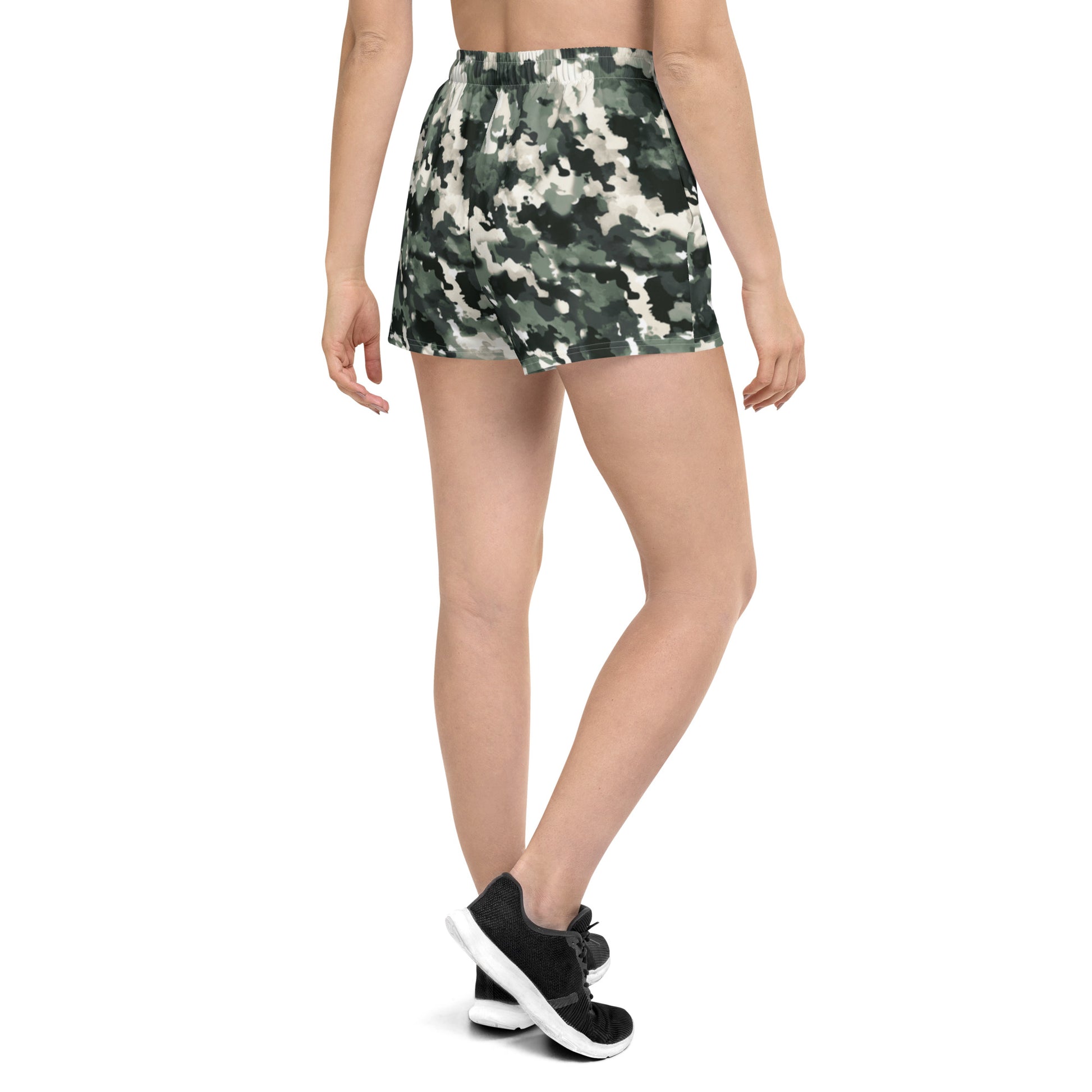 Camo womens shorts trunks on female model with an angled back view