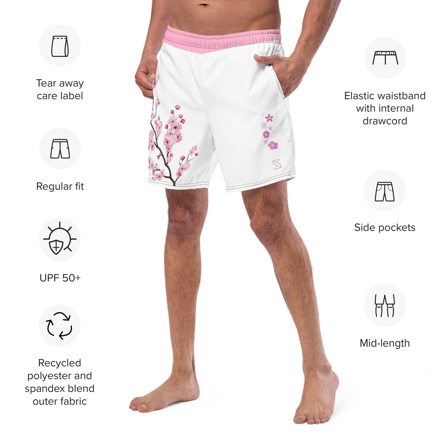 cherry blossom trunks on male model with an angled front view showing features