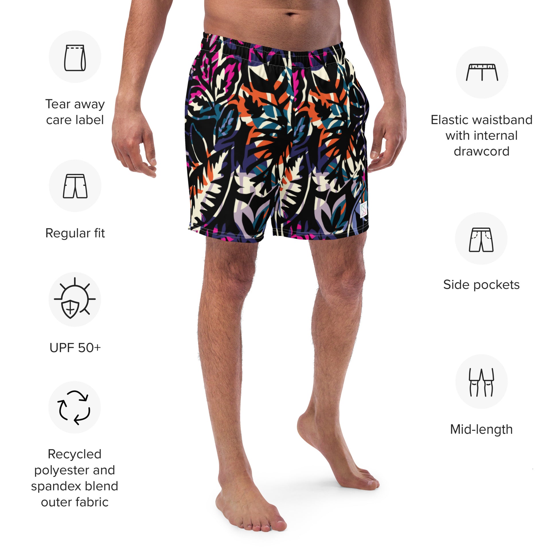 Dark maui mens trunks trunks on male model with an angled front view showing features