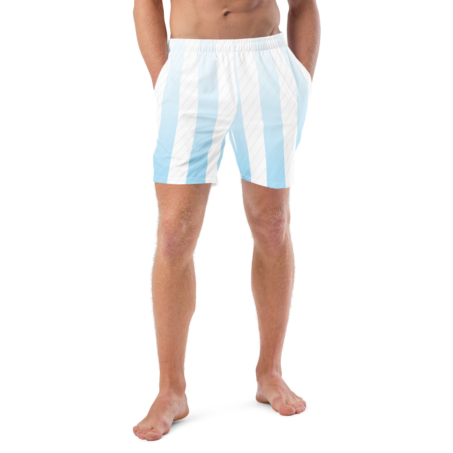 Faded blue bars trunks on male model with a front view