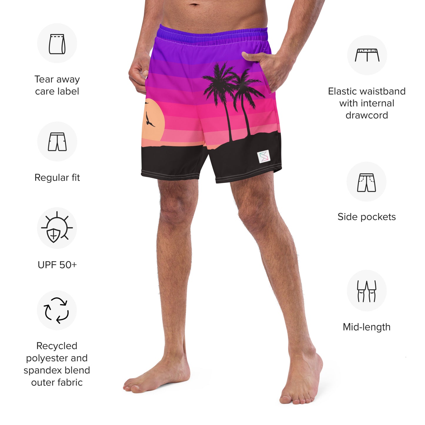 Island nights trunks on male model with an angled front view showing features