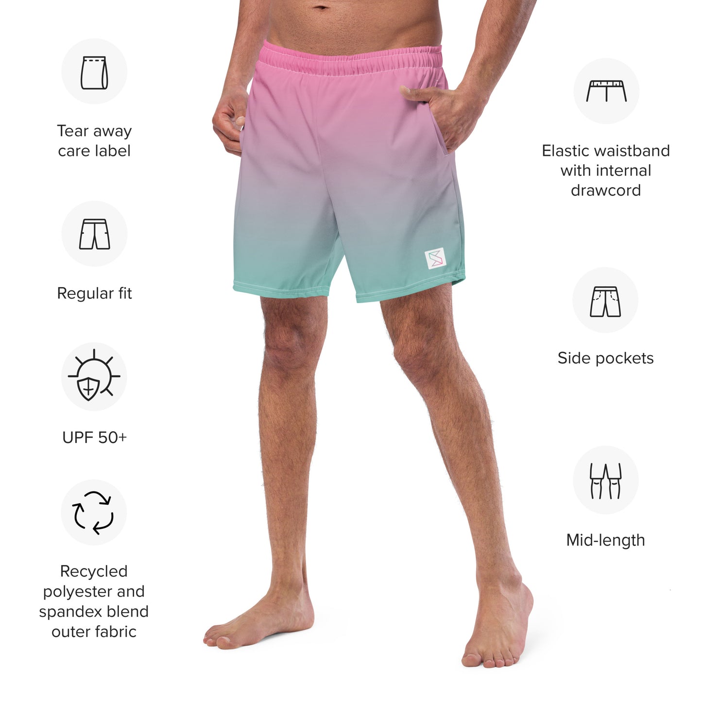 Male model showing Original SpikeFit trunks with features listed