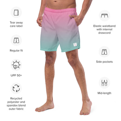 Male model showing Original SpikeFit trunks with features listed