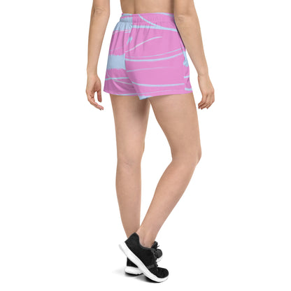 Pink blue womens shorts trunks on female model with an angled back view