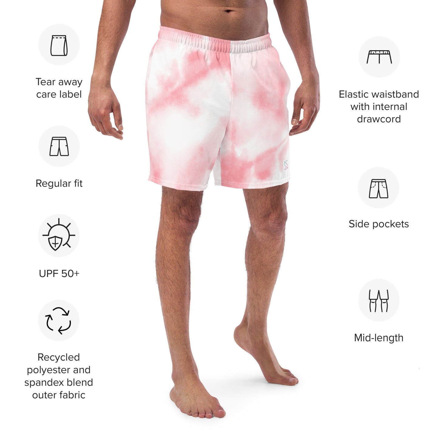 Pink tie dye mens trunks trunks on male model with an angled front view showing features