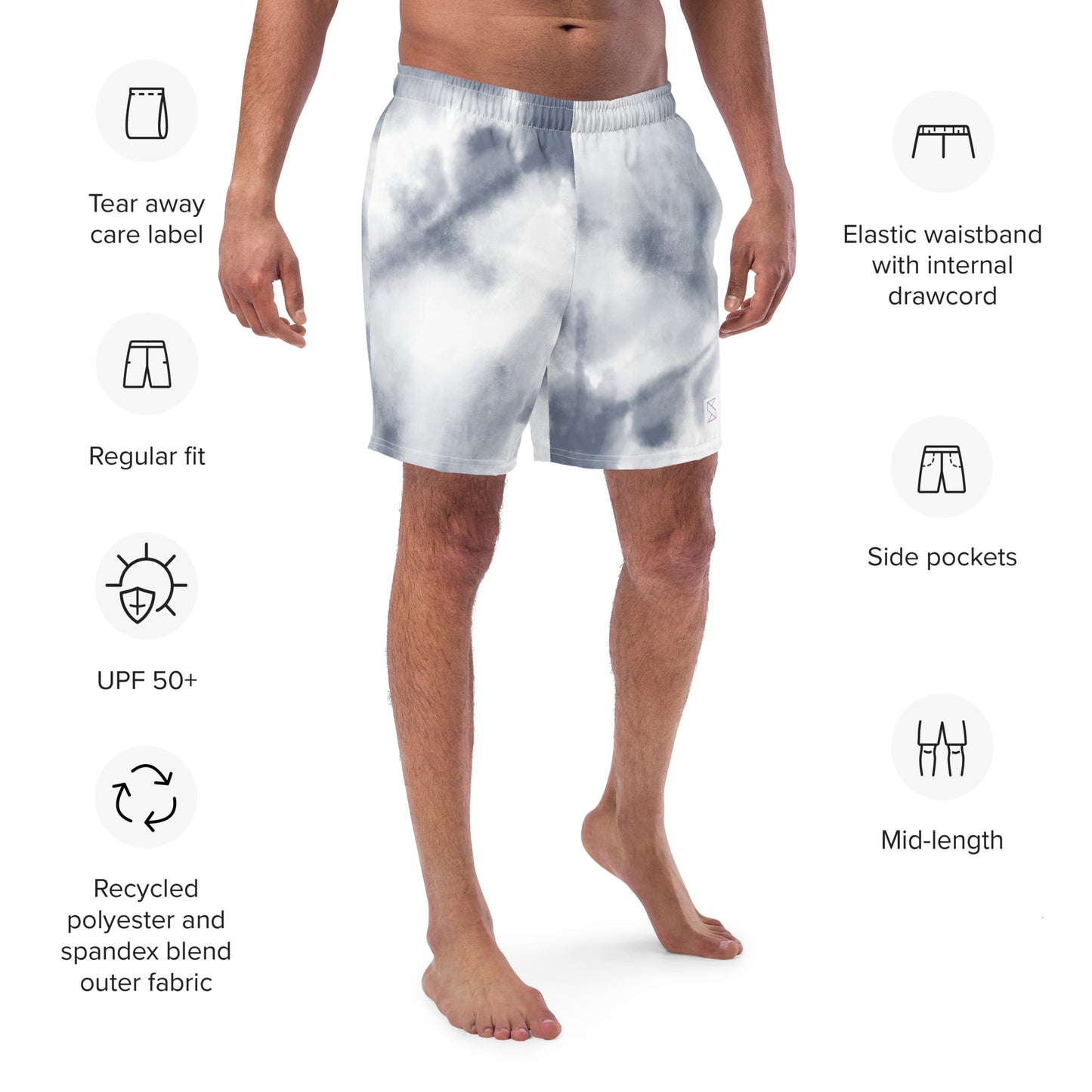 Purple tie dye mens trunks trunks on male model with an angled front view showing features