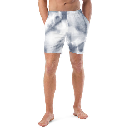 Purple tie dye mens trunks trunks on male model with a front view