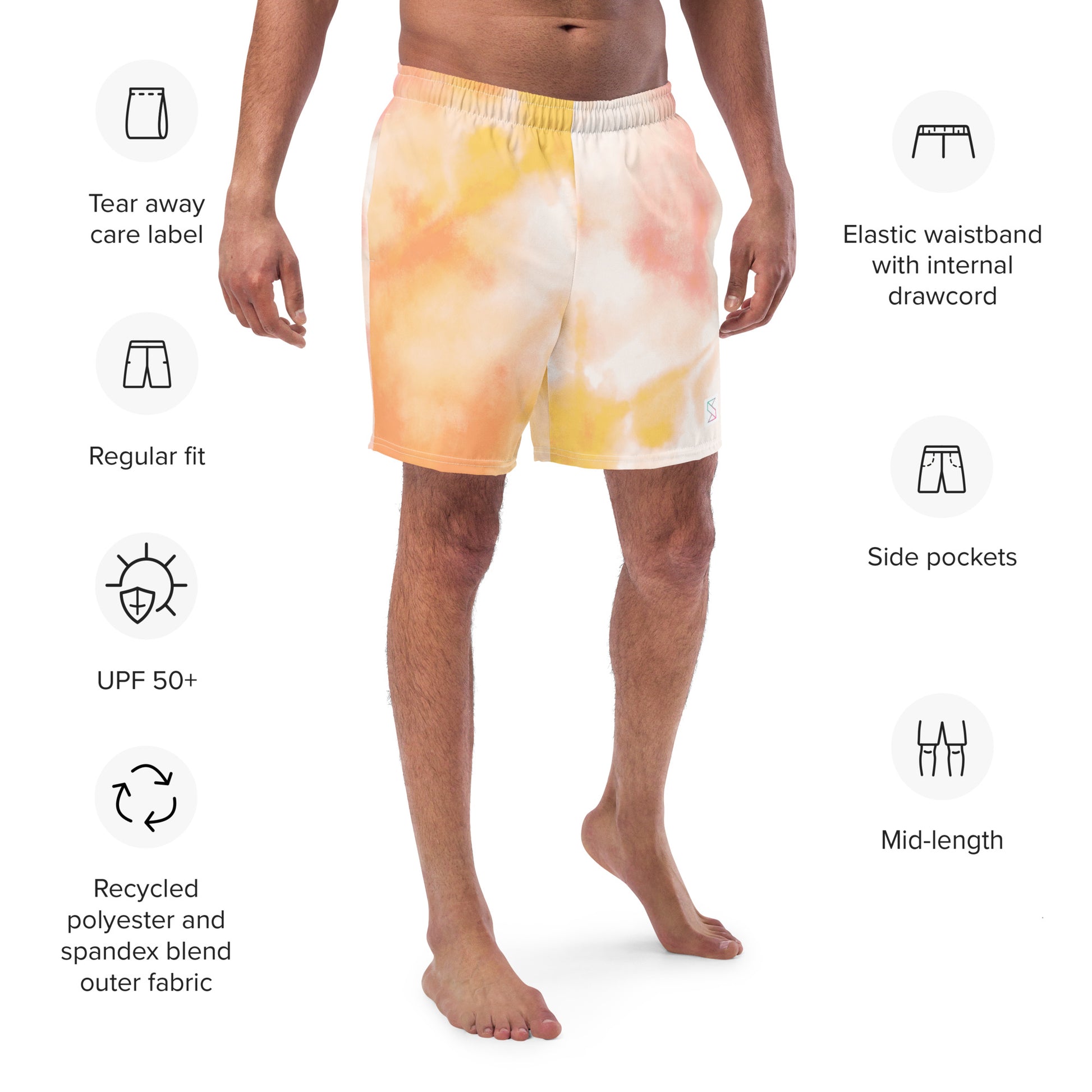 Sunburst tie dye mens trunks trunks on male model with an angled front view showing features