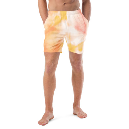 Sunburst tie dye mens trunks trunks on male model with a front view